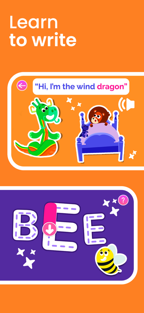 Smart Tales ® Learning Games - Educational app screenshot showing interactive reading stories and letter tracing games for children.