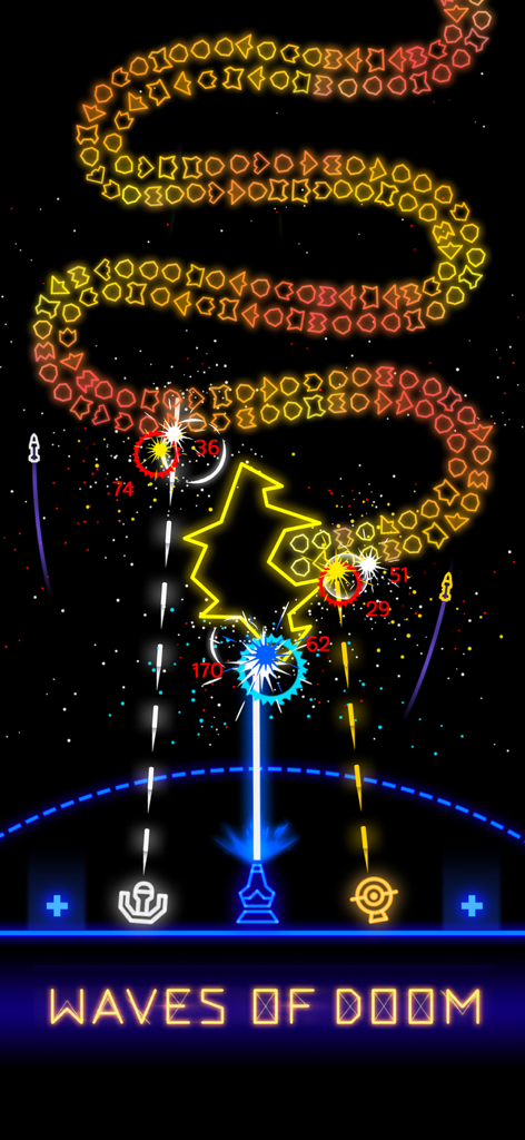 Neon space shooter battle with a snake-like enemy formation and waves of doom text