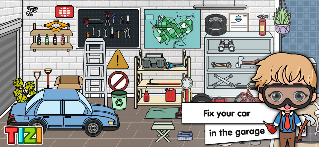 A child character fixing a blue car in a detailed toy garage with tools and equipment