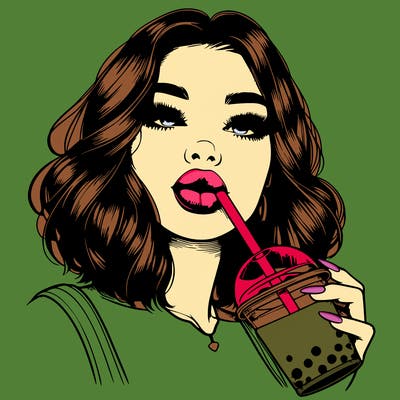 realistic girl with glossy lips holding boba