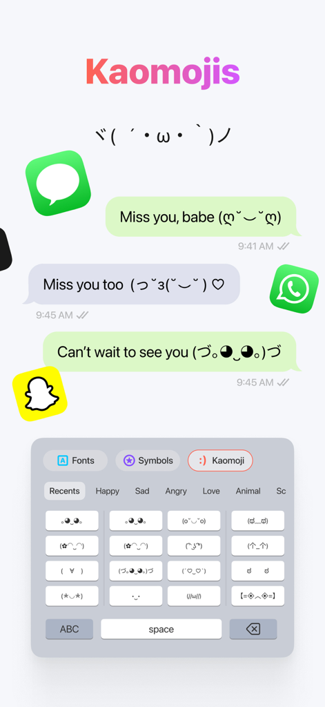 Keyboard Fonts for iPhone! - Un teclado personalizado de iPhone que muestra una variedad de emoticonos Kaomoji utilizados en aplicaciones de mensajería como iMessage y WhatsApp.