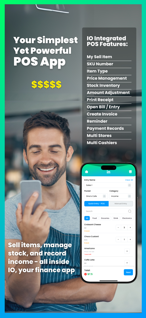 My InOut - Um homem de avental usando a interface POS do aplicativo My InOut para gerenciar estoque e registrar rendimentos.