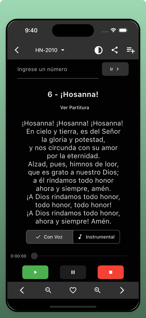 Himnario Adventista 7mo Día - Spanish Adventist hymnbook app interface displaying lyrics and playback controls in dark mode