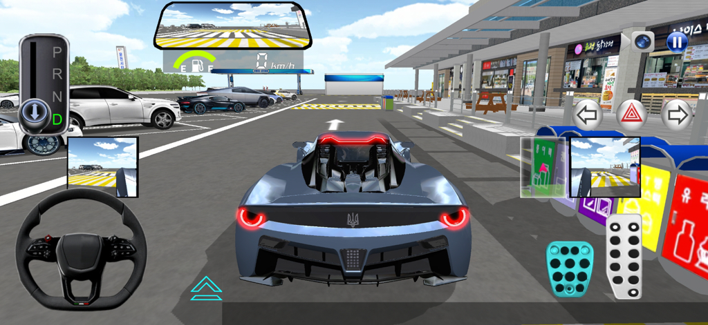 In-game screenshot of 3D Driving Class showing a blue sports car in a parking lot with realistic driving controls