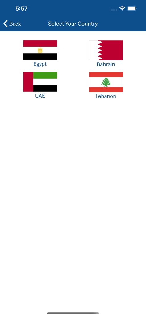Select Your Country screen on NBK International Mobile app featuring flags of Egypt Bahrain UAE and Lebanon