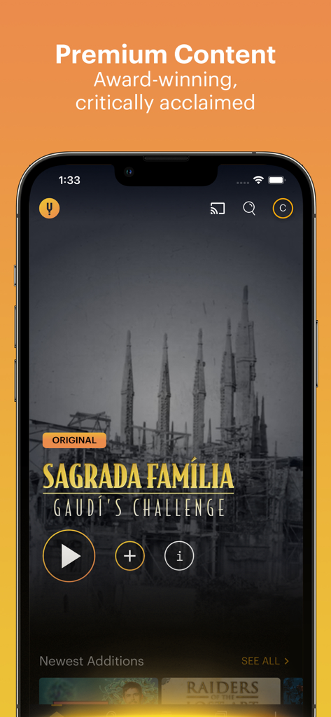 CuriosityStream - Interface do aplicativo CuriosityStream mostrando um documentário histórico em destaque em uma tela de iPhone.