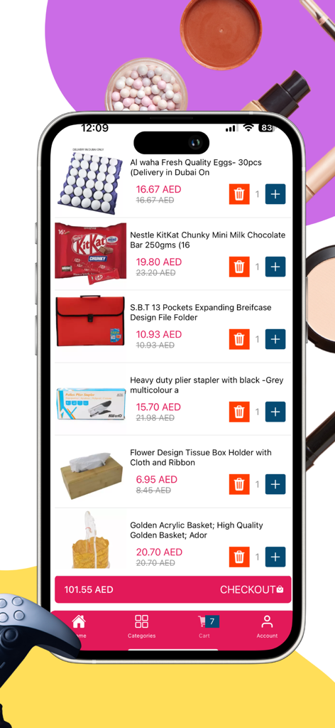 Day To Day Online - Shopping cart screen of the Day To Day Online app showing various products and total price