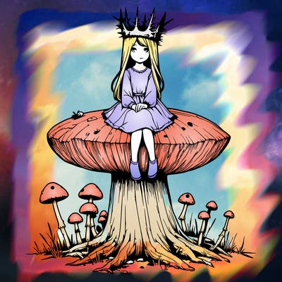 realistic girl sitting on a huge tree stump size toadstool with thorn crown