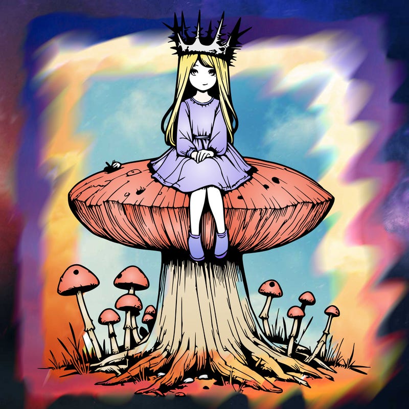 realistic girl sitting on a huge tree stump size toadstool with thorn crown