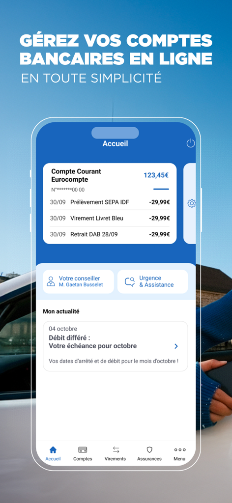 Pantalla de inicio de la aplicación bancaria móvil de Credit Mutuel que muestra el saldo de la cuenta y las transacciones