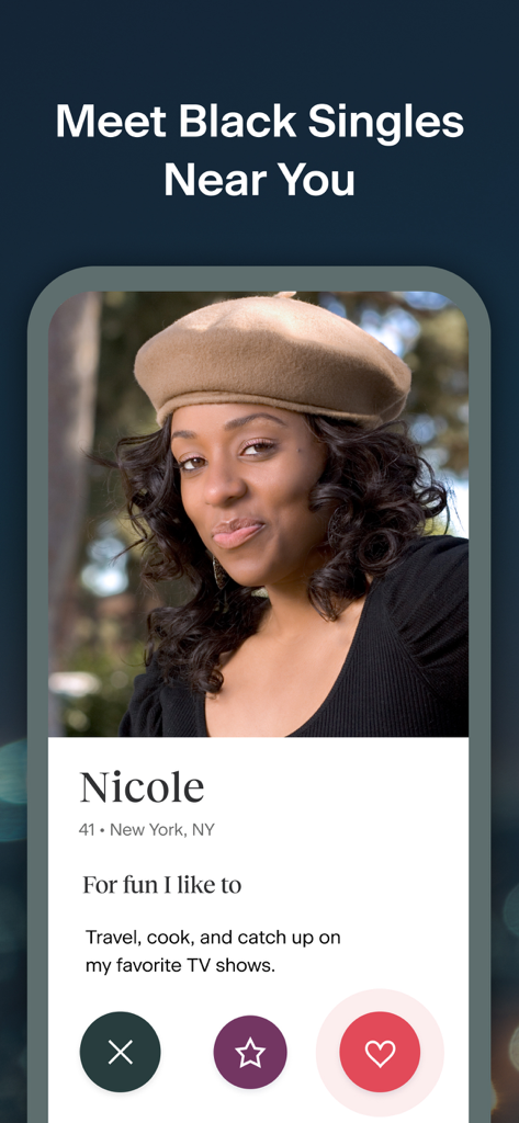 Black People Meet - A user profile on the Black People Meet dating app showing a woman from New York.