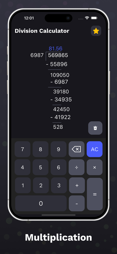 Interfaz de aplicación móvil de Division Calculator Pro mostrando un cálculo de división larga paso a paso en un tema oscuro