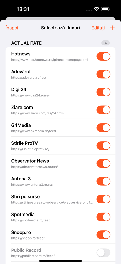 List of Romanian news sources with toggle switches for personalized feed management