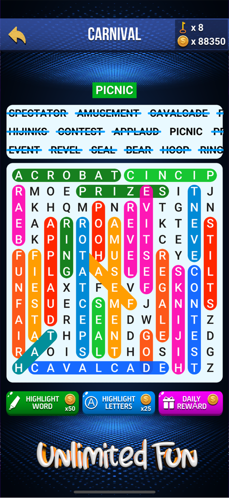 Wow Search: Classic Words Game - Gameplay screen of a classic word search puzzle featuring colorful highlighted words and carnival theme