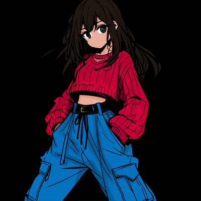 anime teen girl with baggy pants and crop top with sweater