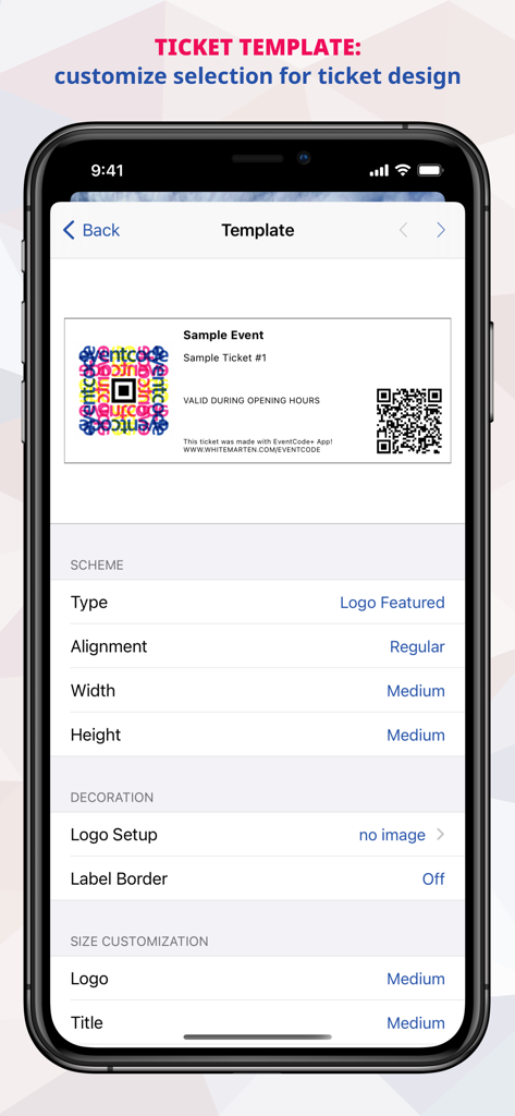 EventCode+ XQ QR Ticket System - EventCode+ XQ app interface for customizing ticket templates and design settings on an iPhone