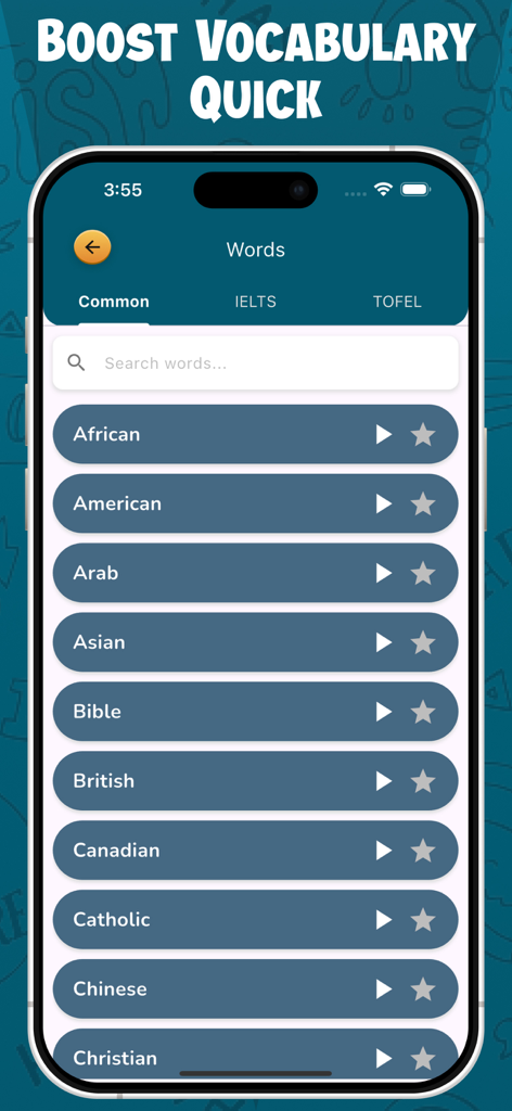 Speak English Fluently 2026 - Interface of an English learning app showing a list of common words and vocabulary categories like IELTS and TOEFL