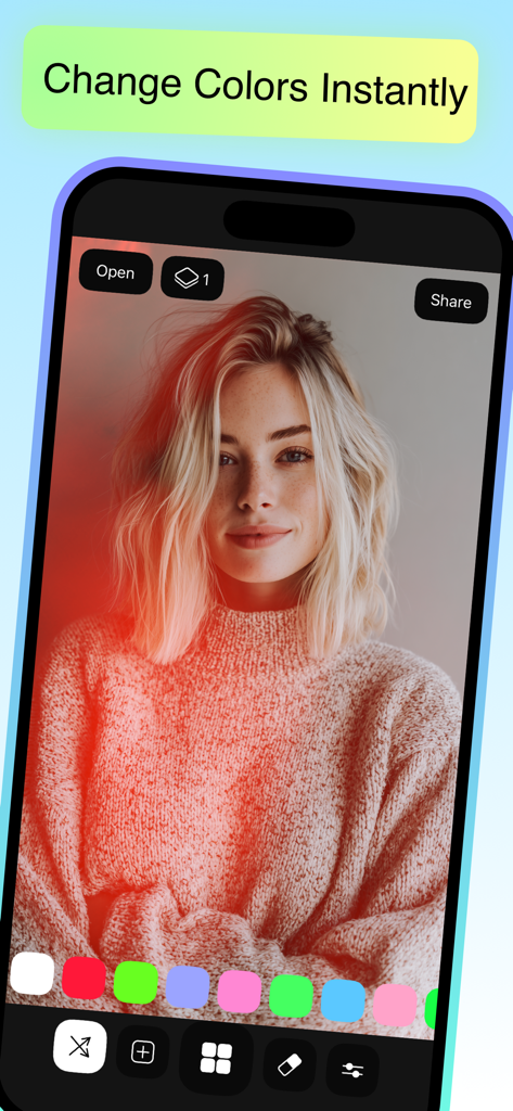 Interfaz móvil de la aplicación Lights Photo Effects que muestra un retrato con un efecto de luz roja y una herramienta de selección de color