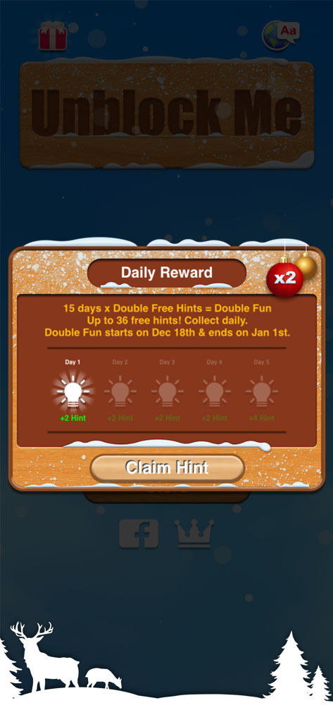Daily reward popup in Unblock Me Premium featuring a festive winter theme and free hints