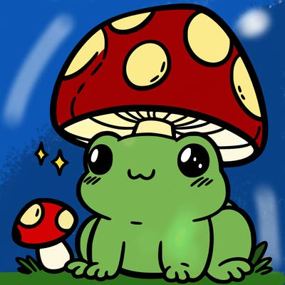 a cute frog with a mushroom hat