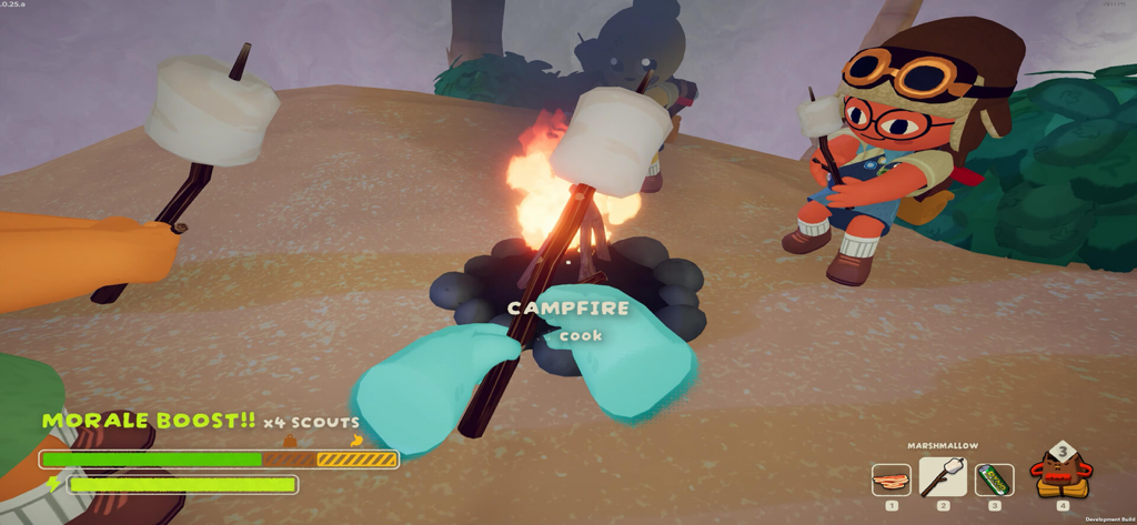 PEAK! - Exploradores de naturaleza asando malvaviscos alrededor de una fogata en el juego PEAK.