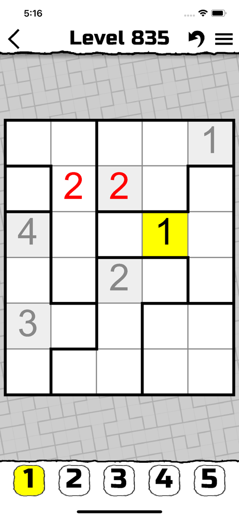 Suguru - A screenshot of the Suguru logic puzzle app showing level 835 with a grid and number selection menu