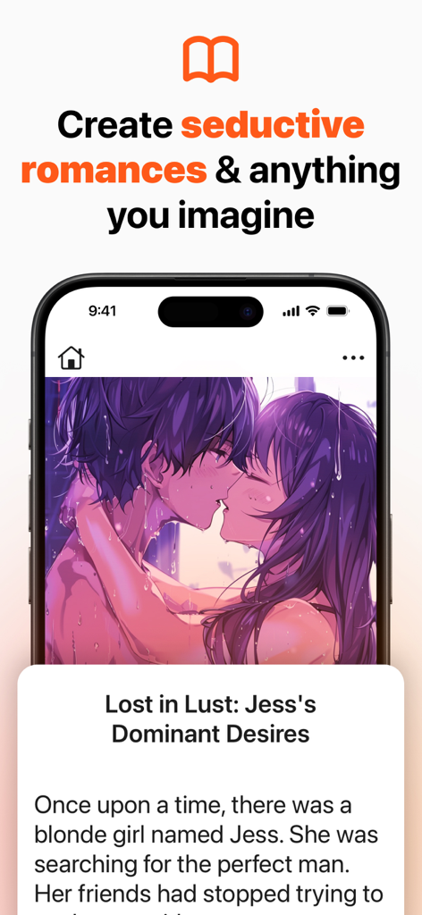 Poetry AI: Poem Writing - Una interfaz de aplicación móvil que muestra una seductora historia de amor generada por IA con una ilustración de anime de una pareja.