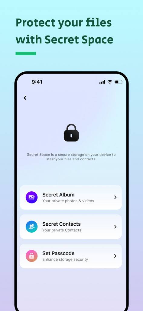 Interfaz de la aplicación AI Cleaner mostrando la función Espacio Secreto para proteger fotos y contactos privados con una contraseña