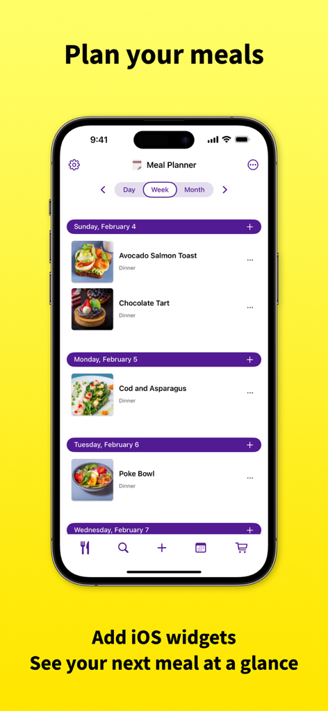 RecipeChef: Recipe Manager - iPhone screen showing the RecipeChef weekly meal planner with recipes like Avocado Salmon Toast and Poke Bowl organized by day