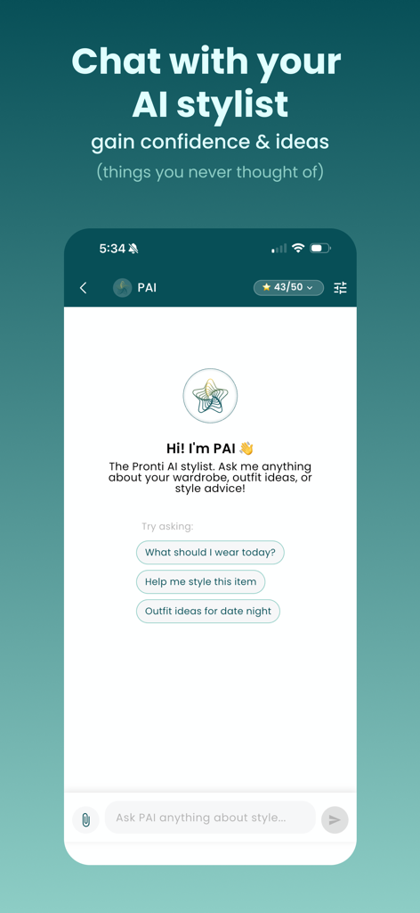 Outfit Maker - Pronti AI - Chat interface with the Pronti AI stylist offering outfit suggestions and fashion advice