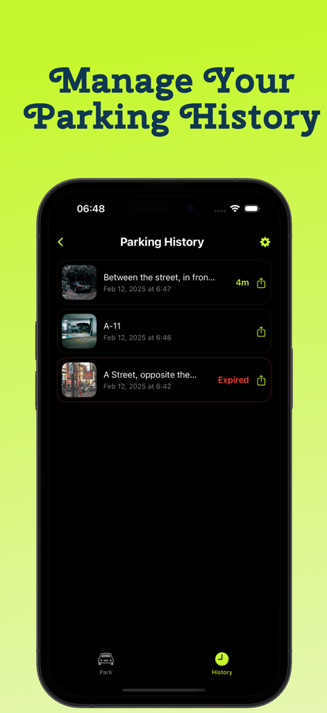 Parked Here - Find My Car - La aplicación Parked Here mostrando una lista de lugares de estacionamiento anteriores con fotos y temporizadores de duración