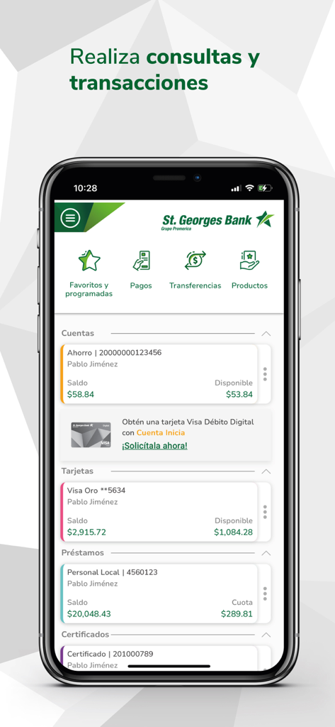 Dashboard of the SGB Movil app showing account balances and financial services
