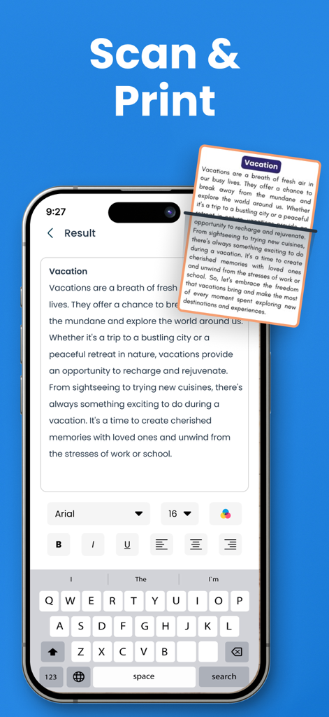 Smart Printer app interface on an iPhone showing a scanned document with text editing and formatting tools
