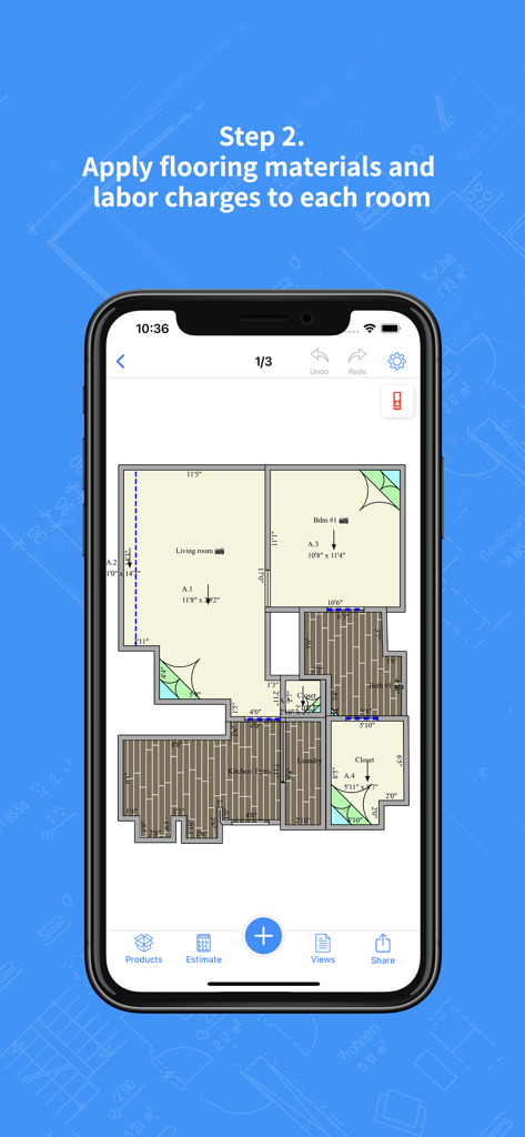 MeasureSquare Mobile - A floor plan within the MeasureSquare Mobile app showing different flooring textures applied to various rooms