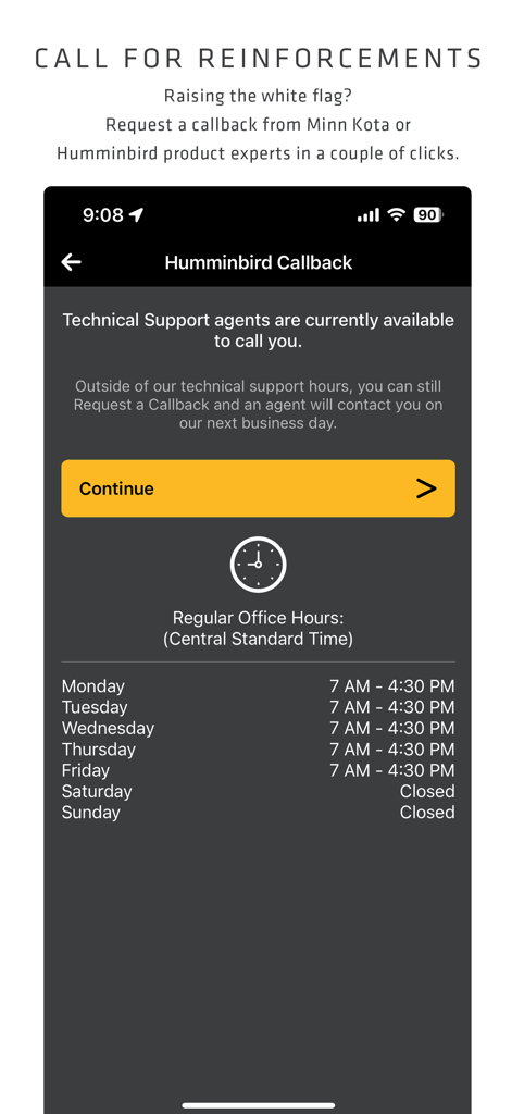 One-Boat Network technical support callback request screen showing Humminbird office hours