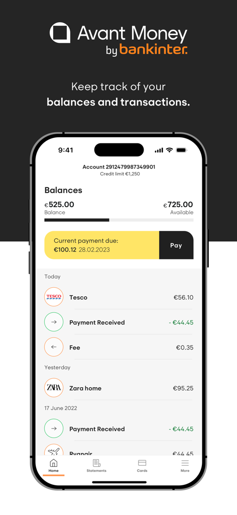 Interfaz de la aplicación móvil Avant Money que muestra saldos de cuenta y el historial de transacciones recientes