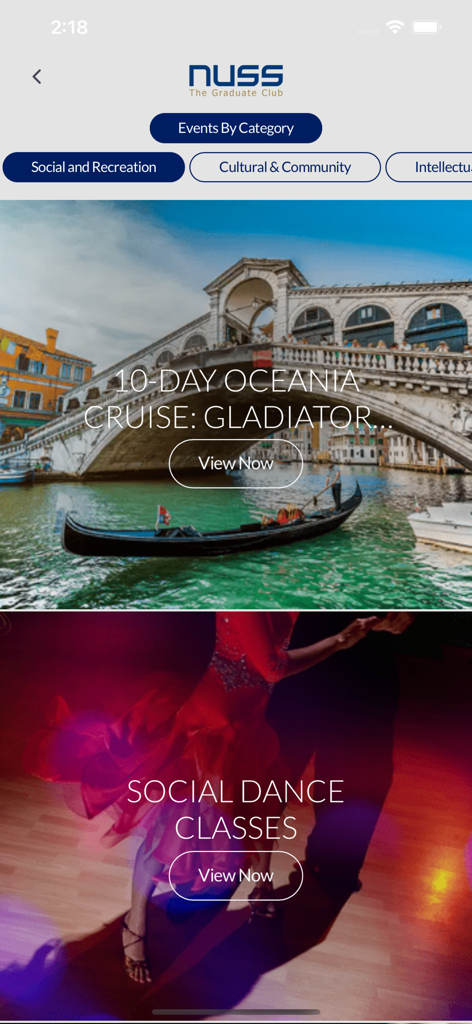 NUSS Members app interface showing social and recreation events including a cruise and dance classes