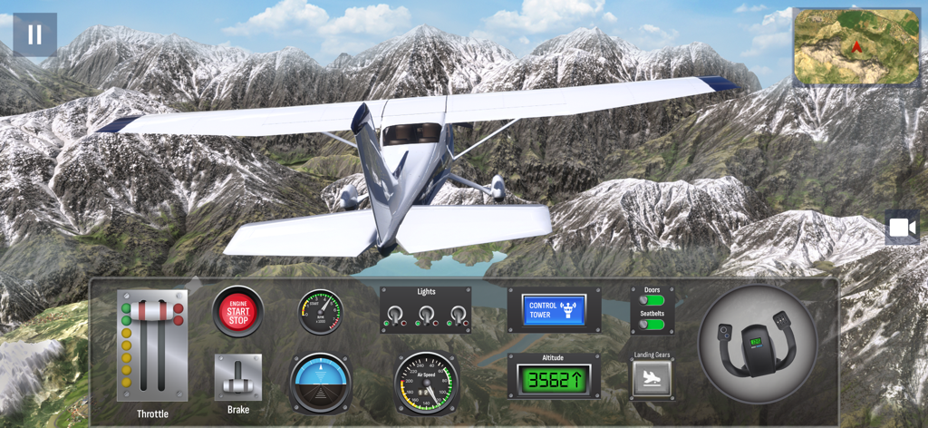 Airplane Pro: Flight Simulator - Ein kleines weißes Flugzeug fliegt über schneebedeckte Berge mit einem detaillierten Fluginstrumentenbrett unten