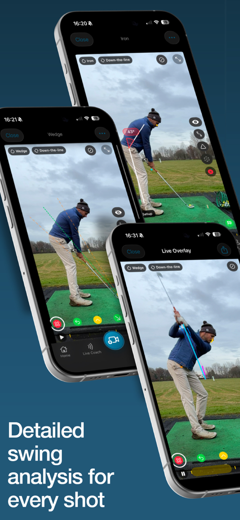 DeepSwing: AI Golf Swing Coach - Un affichage de trois écrans de smartphone montrant une analyse détaillée de swing de golf par IA avec suivi de mouvement et superpositions techniques.