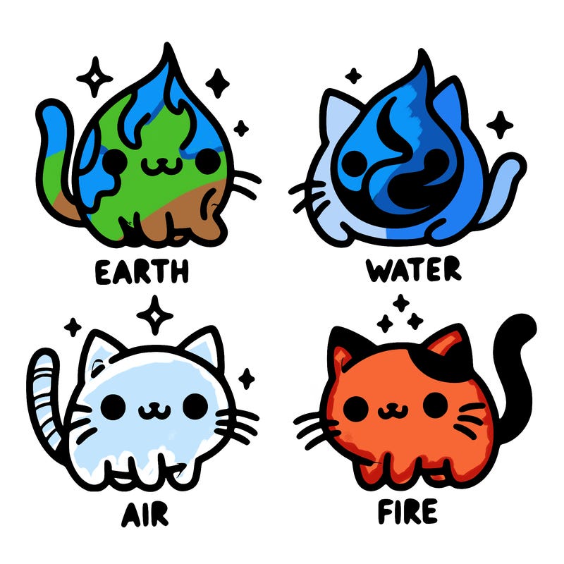 4 cats that represent the different elements, earth, water, air, and fire