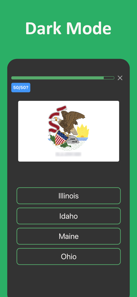 US States quiz app showing a state flag identification question in dark mode