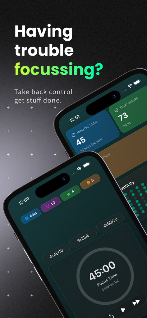 Pomofocus: Focus Friend - Pomofocus app interface showing a minimalist Pomodoro timer and productivity statistics on mobile screens