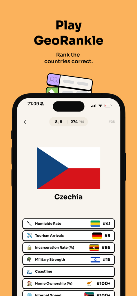 GeoTriviaのGeoRankleモードのゲームプレイ画面。国のランキングチャレンジが表示されています。
