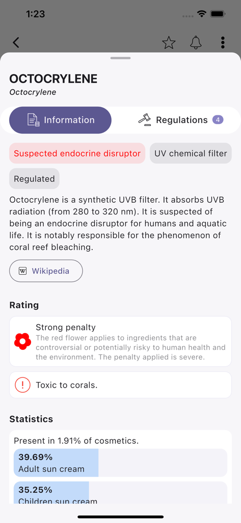 Detailed ingredient analysis of Octocrylene in the INCI Beauty app showing health risks and environmental impact