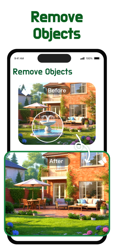 Vorher-Nachher-Demonstration des Entfernens eines Brunnens aus einem Garten mithilfe von KI-Landschaftsgestaltung.