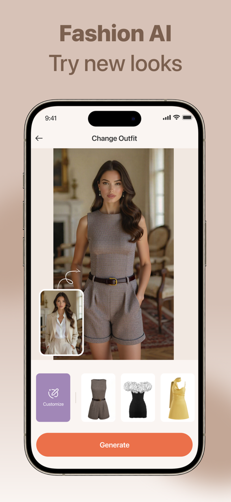Nebula AI - AI Photo Video - Mobile app interface of Nebula AI showing the Fashion AI feature to try on different outfits and change clothing styles on a photo.