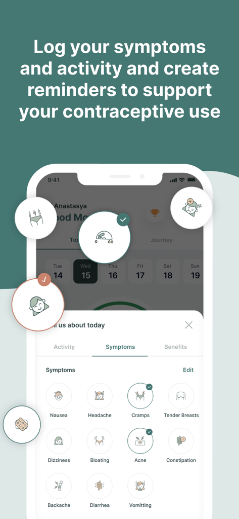 Ease: Birth Control Reminder - Screenshot of the Ease app symptom tracker showing various health icons for contraceptive support