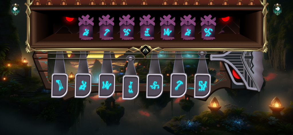 i Legendary Instruments - A musical puzzle interface with glowing turquoise symbols on wooden keys and books against an atmospheric mystical landscape.