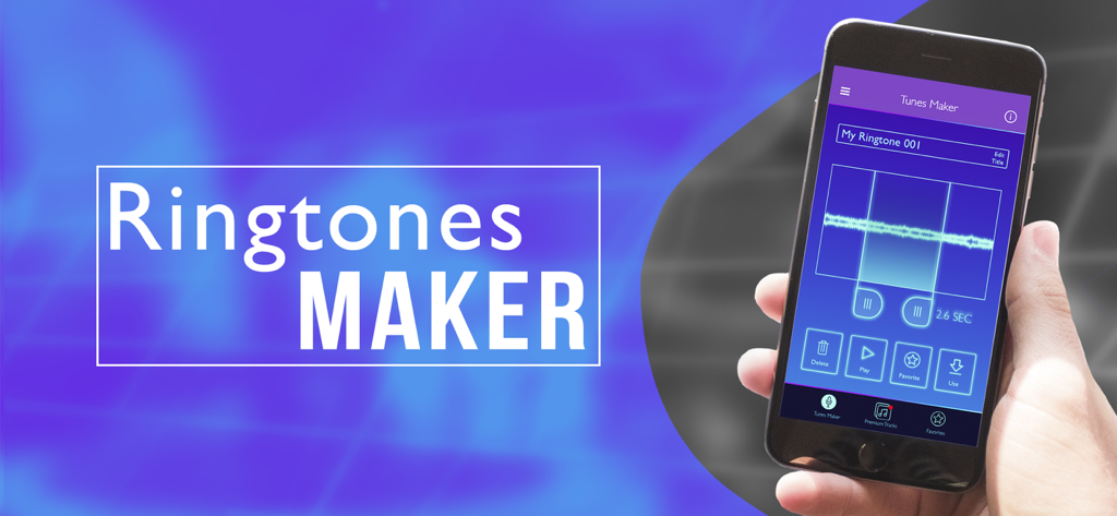 Hand holding an iPhone showing the Ringtones Maker interface with audio waveform editing