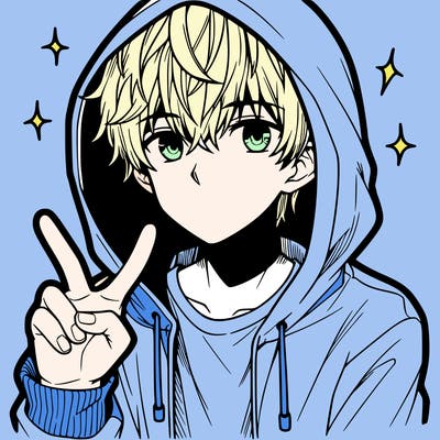 teenage manga boy in a hoodie, doing ✌